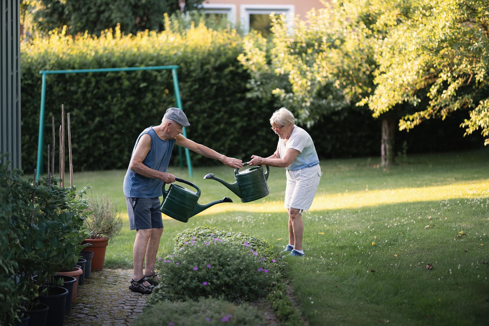 Deux retraités arrosent le jardin en fin de journée.